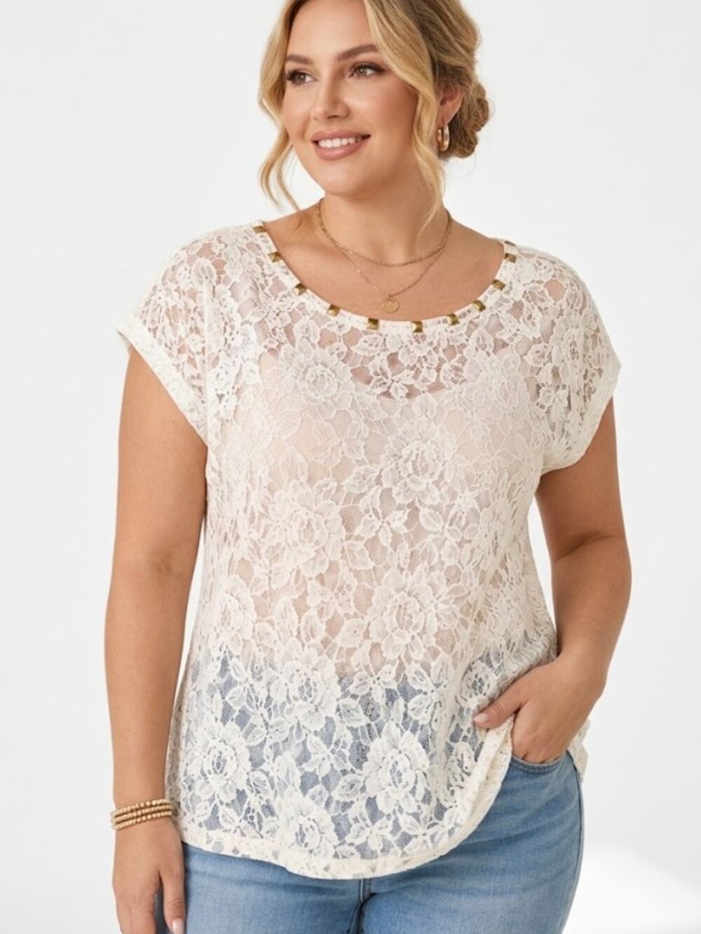 Torrid Lace Studded Collar Button Back Overlay Top 1X
